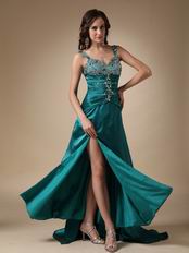 Colorful Diamonds Teal Evening Dress With Side Split Skirt