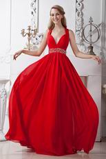 Fashion V-Neck Backless Floor Length Evening Dress In Red