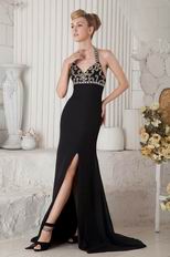 Cheap Halter Split Embellish Black Chiffon Evening Dress