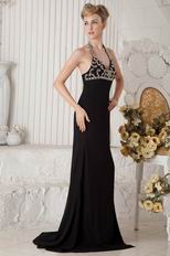 Cheap Halter Split Embellish Black Chiffon Evening Dress