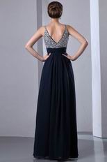 Beaded Spaghetti Straps Upper Party Navy Blue Evening Dress