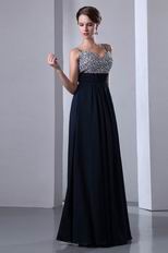 Beaded Spaghetti Straps Upper Party Navy Blue Evening Dress