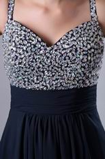 Beaded Spaghetti Straps Upper Party Navy Blue Evening Dress