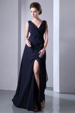 V Neck Criss Cross Navy Blue Chiffon Evening Dress