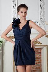 Discount V-Neck Navy Blue Taffeta Dress To Evening Wear