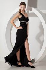 Noble One Shoulder High Split Black Chiffon Evening Dress