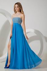 Sexy Beaded Split Skirt Blue Chiffon Evening Dress For Discount