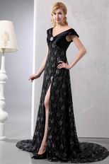 V-Neck Off Shoulder Black Lace Split Skirt Evening Dress