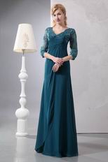 Strong Blue Floor Length Lace Half Sleeves Evening Dress