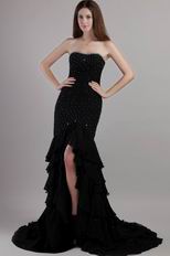 Black Chiffon Evening Gowns Dress Trumpet Layers Skirt