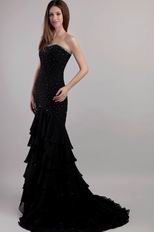 Black Chiffon Evening Gowns Dress Trumpet Layers Skirt