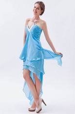 V-Shaped Strapless High Low Layers Aqua Evening Dress