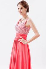 Princess Straps Beaded Jacinth Chiffon Evening Party Dress