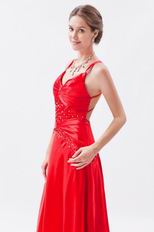 V-neck Spaghetti Straps Scarlet Formal Evening Dress