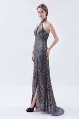 Glamorous Halter Sequin Front Split Silver Evening Dress