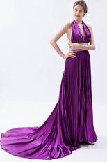 Old Style Noble Halter Purple Evening Dress With Sequin Sash