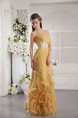 Rolled Fabric Flowers Bottom Yellow Designer Evening Dress