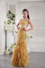 Rolled Fabric Flowers Bottom Yellow Designer Evening Dress