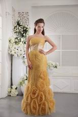 Rolled Fabric Flowers Bottom Yellow Designer Evening Dress