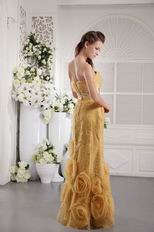 Rolled Fabric Flowers Bottom Yellow Designer Evening Dress