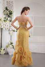 Rolled Fabric Flowers Bottom Yellow Designer Evening Dress