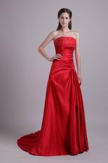 Strapless Wine Red Evening Dress With Embroidery