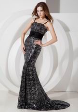 Spaghetti Straps Black Sequin Mermaid Evening Dress