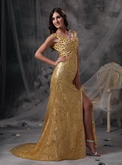 Golden Sequin V-neck Long Skirt With Split Night Club Dress Night Club