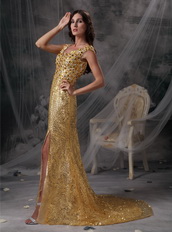 Golden Sequin V-neck Long Skirt With Split Night Club Dress Night Club