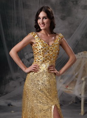 Golden Sequin V-neck Long Skirt With Split Night Club Dress Night Club