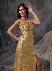 Golden Sequin V-neck Long Skirt With Split Night Club Dress Night Club