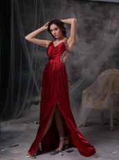 Empire V-neck Long Skirt Wine Red Evening Dress With Beading Night Club