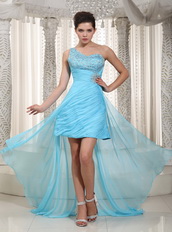 Top High-low Prom Dress With One Shoulder Aqua Blue Chiffon Skirt Night Club