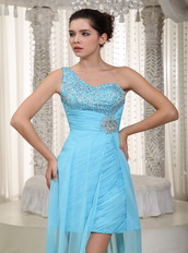 Top High-low Prom Dress With One Shoulder Aqua Blue Chiffon Skirt Night Club