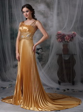 Dark Gold Asymmetrical Neck Ruched Formal Dress Noble Night Club