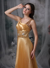 Dark Gold Asymmetrical Neck Ruched Formal Dress Noble Night Club