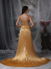 Dark Gold Asymmetrical Neck Ruched Formal Dress Noble Night Club