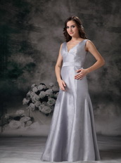 Grey V-neck Floor-length Simple A-line Evening Gowns Dress Night Club