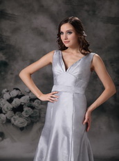 Grey V-neck Floor-length Simple A-line Evening Gowns Dress Night Club