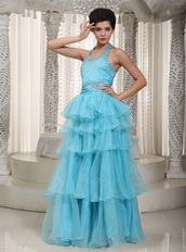 Beaded Aqua Blue Evening Dress With Halter Layers Skirt Night Club