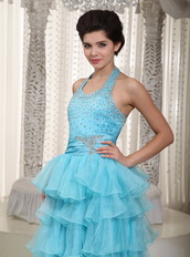 Beaded Aqua Blue Evening Dress With Halter Layers Skirt Night Club