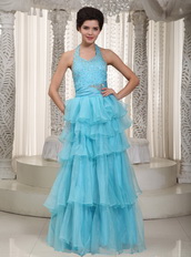 Beaded Aqua Blue Evening Dress With Halter Layers Skirt Night Club