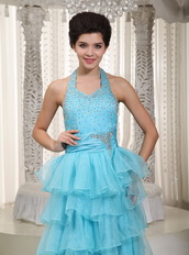 Beaded Aqua Blue Evening Dress With Halter Layers Skirt Night Club