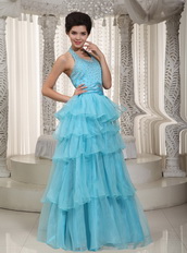 Beaded Aqua Blue Evening Dress With Halter Layers Skirt Night Club