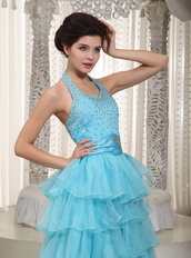 Beaded Aqua Blue Evening Dress With Halter Layers Skirt Night Club