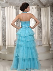Beaded Aqua Blue Evening Dress With Halter Layers Skirt Night Club