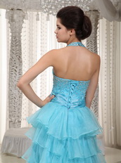 Beaded Aqua Blue Evening Dress With Halter Layers Skirt Night Club
