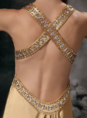 Golden Column Straps Cross Back Evening Dress With Crystals Night Club
