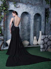 Scoop Watteau Train Black Chiffon Beaded Sexy Formal Night Dress Night Club