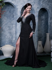 Deep V Black Chiffon Beaded Emberllish Long Sleeves Evening Dress Night Club